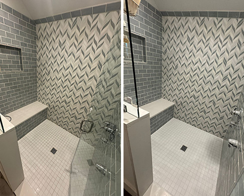 Shower Stall Before and After a Service from Our Tile and Grout Cleaners in Mount Pleasant