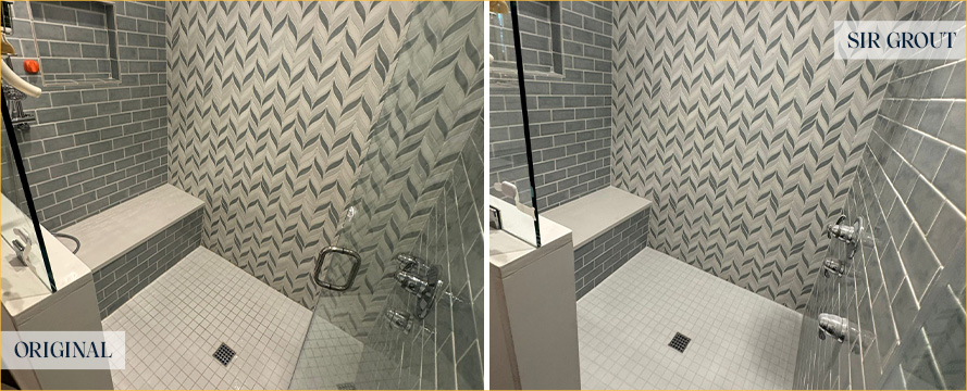 Shower Stall Before and After a Service from Our Tile and Grout Cleaners in Mount Pleasant