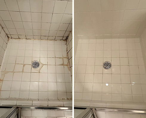 Shower Stall Before and After a Service from Our Tile and Grout Cleaners in Mount Pleasant