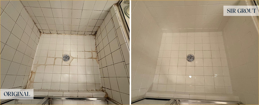 Shower Stall Before and After a Service from Our Tile and Grout Cleaners in Mount Pleasant