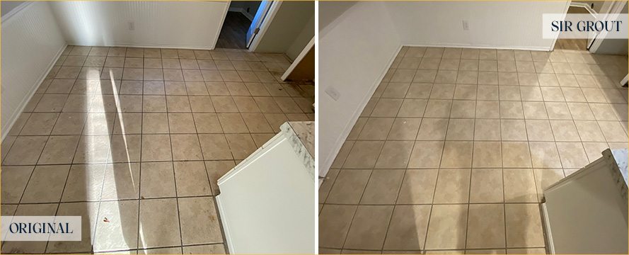 Kitchen Floor Before and After a Service from Our Tile and Grout Cleaners in Mount Pleasant