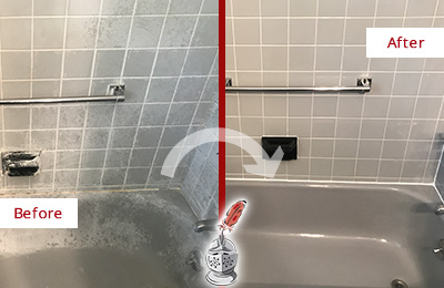 Before and After Picture of a Tub Caulking on a Porcelain Tile Shower