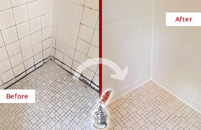 Before and After Picture of a Shower with Damaged Caulking on the Joints