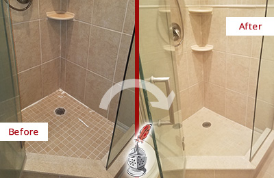 Before and After Picture of a Caulking in the Joints of the Shower