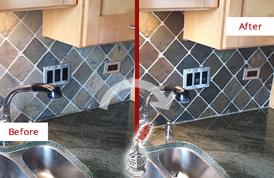Picture of a Slate Backsplash with Damaged Caulking Before and After a Caulking Service