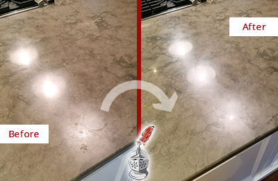 Before and After Picture of a Dull Marble Vanity Top Cleaned and Sealed to Remove Etch Marks