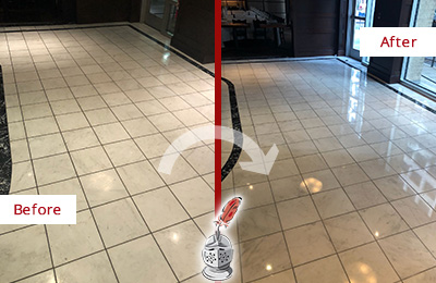 Sir Grout Charleston Stone Services Help Maintain, Clean, and Polish Building Lobbies and Commercial Offices Stone Surfaces Picture of a Building Marble Entrance Floor Before and After Stone Restoration, Cleaning and Polishing