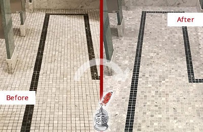 Sir Grout Charleston Stone Cleaning Services Can Help Repair the Look of this Grimy Hospital's Restroom Before and After Picture of a Hospital Travertine Bathroom Floor Stone Cleaning Service