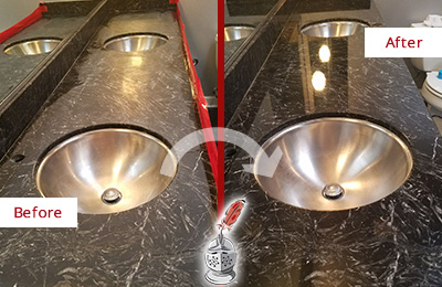 Sir Grout Charleston Stone Services Are Ideal for Enhancing Restrooms Marble Countertops and Keep Them Perfect All Year Round Picture of an Office Restroom's Marble Countertop Before and After Color Enhancement and Restoration