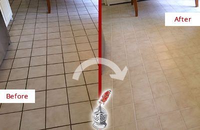 Before and After Picture of a Folly Beach Kitchen Tile and Grout Cleaned to Remove Embedded Dirt