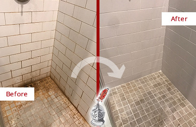 Before and After Picture of a Johns Island Shower Tile and Grout Cleaned to Eliminate Mold and Stains