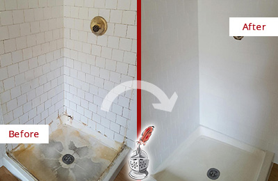 Sir Grout Cleans this James Island Shower Tile and Grout to Remove Soap Scum Before and After Picture of a James Island Shower Tile and Grout Cleaned to Remove Soap Scum