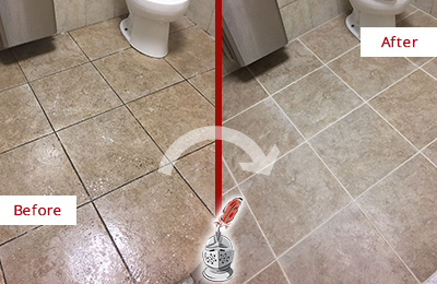 Sir Grout Cleans this Daniel Island Restroom Tile and Grout to Remove Soil Before and After Picture of a Daniel Island Restroom Tile and Grout Cleaned to Remove Soil