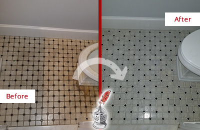 Before and After Picture of a Mount Pleasant Bathroom Tile and Grout Cleaned to Remove Stains