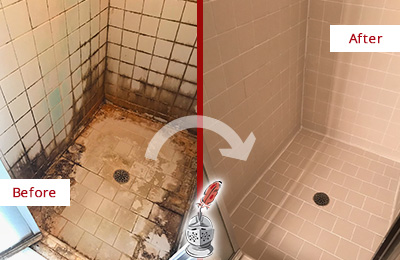 Before and After Picture of a Rockville Shower Tile and Grout Cleaned to Repair Water Damage