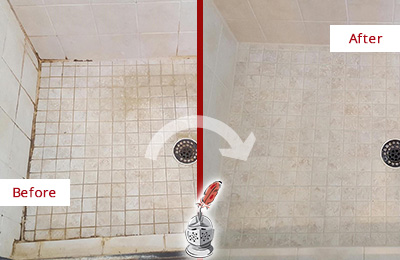 Before and After Picture of a Hollywood Shower Caulked to Fix Cracks