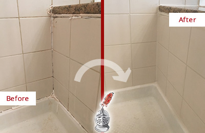 Before and After Picture of a Mount Pleasant Shower Caulked to Repair Damaged Caulking