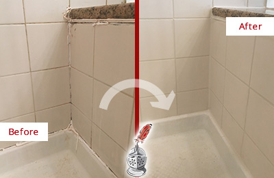 Sir Grout Caulks this McClellanville Shower Caulked to Repair Damaged Caulking Before and After Picture of a McClellanville Shower Caulked to Repair Damaged Caulking