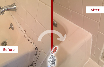 Before and After Picture of a Seabrook Island Bathroom Sink Caulked to Fix a DIY Proyect Gone Wrong
