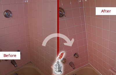 Before and After Picture of a McClellanville Bathtub Caulked to Eliminate Mold