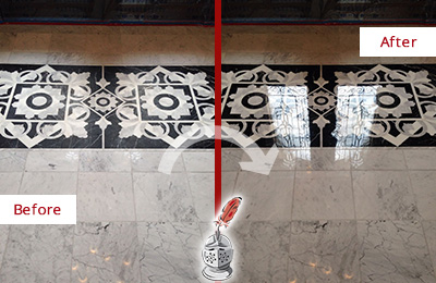 Sir Grout Polishes this Folly Beach Marble Stone Floor to a Mirror Shine Before and After Picture of a Folly Beach Marble Stone Floor Polished to a Mirror Shine