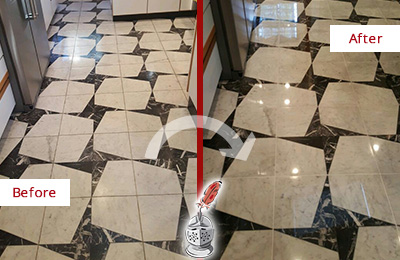 Sir Grout Polishes this Dull Folly Beach Marble Stone Floor To Recover Its Luster Before and After Picture of a Dull Folly Beach Marble Stone Floor Polished To Recover Its Luster