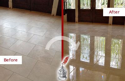 Before and After Picture of a Dull Awendaw Travertine Stone Floor Polished to Recover Its Gloss