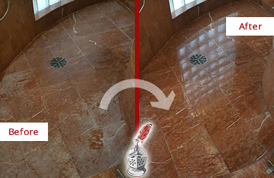 Before and After Picture of a Lincolnville Marble Stone Shower Polished to Eliminate Mineral Deposits