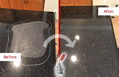 Before and After Picture of a Daniel Island Granite Stone Countertop Polished to Remove Scratches