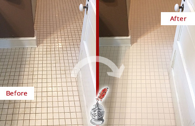 Before and After Picture of a Ravenel Bathroom Floor Sealed to Protect Against Liquids and Foot Traffic