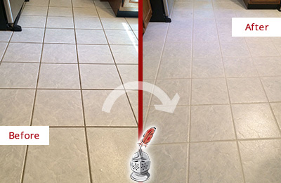 Before and After Picture of a Awendaw Kitchen Ceramic Floor Sealed to Protect From Dirt and Spills