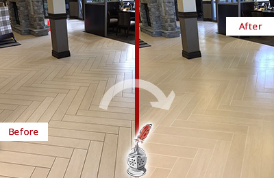 Before and After Picture of a Dirty Meggett Ceramic Office Lobby Sealed For Extra Protection Against Heavy Foot Traffic