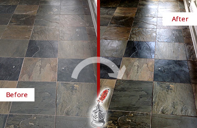 Before and After Picture of a Dull Charleston Slate Floor Sealed to Bring Back Its Colors