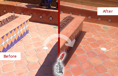 Before and After Picture of a Dull Meggett Terracotta Patio Floor Sealed For UV Protection