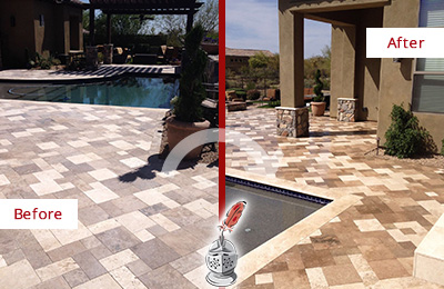 Sir Grout Seals this Faded Folly Beach Travertine Pool Deck For Extra Protection Before and After Picture of a Faded Folly Beach Travertine Pool Deck Sealed For Extra Protection