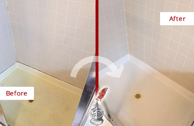 Before and After Picture of a Isle of Palms Shower Sealed to Remove and Protect Against Mold