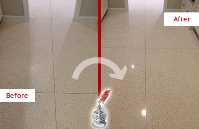 Sir Grout Hones this Dull Sullivan's Island Granite Floor to Recover Its Sheen Before and After Picture of a Dull Sullivan's Island Granite Floor Honed to Recover Its Sheen