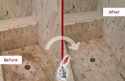 Before and After Picture of a Sullivan's Island Marble Shower Honed to Remove Dark Stains