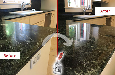 Sir Grout Hones this Sullivan's Island Marble Kitchen Countertop to Remove Water Marks Before and After Picture of a Sullivan's Island Marble Kitchen Countertop Honed to Remove Water Marks