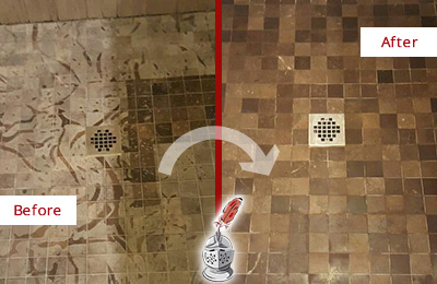 Sir Grout Hones this Sullivan's Island Marble Shower to Remove Etching Before and After Picture of a Sullivan's Island Marble Shower Honed to Remove Etching