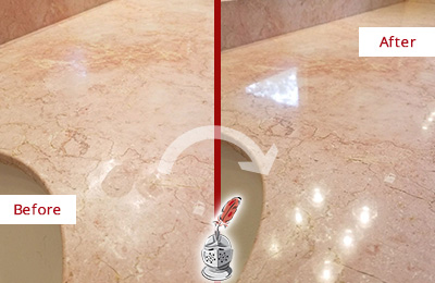 Sir Grout Hones this Sullivan's Island Marble Vanity Top to Eliminate Water Spots Before and After Picture of a Sullivan's Island Marble Vanity Top Honed to Eliminate Water Spots