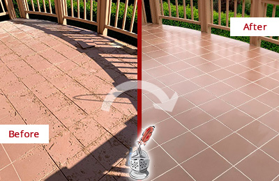 Before and After Picture of a North Charleston Hard Surface Restoration Service on a Tiled Deck