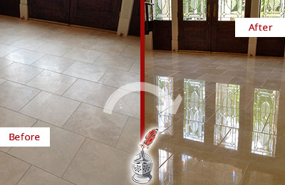 Sir Grout Restored This Mount Pleasant Dull Travertine Floor to Recover Its Splendor with a Stone Polishing Service Before and After Picture of a Mount Pleasant Hard Surface Restoration Service on a Dull Travertine Floor Polished to Recover Its Splendor