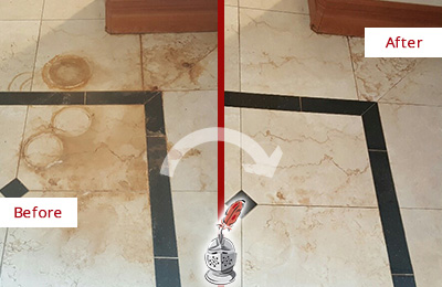 Before and After Picture of a Daniel Island Hard Surface Restoration Service on a Marble Floor to Eliminate Rust Stains