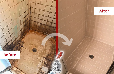 Sir Grout Restored This Mount Pleasant Tile Bathroom to Repair Water Damage Before and After Picture of a Mount Pleasant Hard Surface Restoration Service on a Tile Bathroom to Repair Water Damage