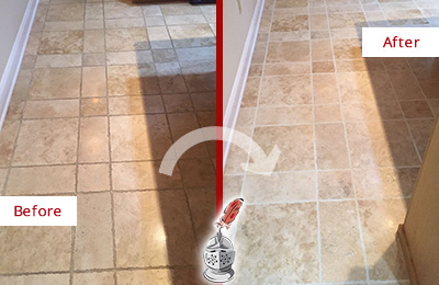 Sir Grout Cleans this Isle of Palms Kitchen Floor's Grout to Recover Its Color Before and After Picture of Isle of Palms Kitchen Floor Grout Cleaned to Recover Its Color