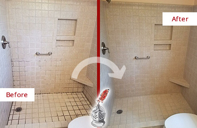 Before and After Picture of a Mount Pleasant Shower Grout Cleaned to Remove Mold