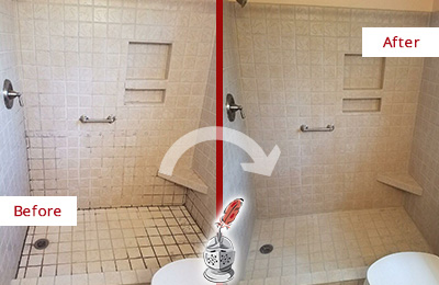 Sir Grout Cleans the Grout on this Isle of Palms Moldy Shower Before and After Picture of a Isle of Palms Shower Grout Cleaned to Remove Mold