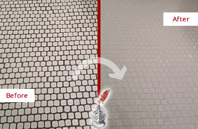 Before and After Picture of a Johns Island Mosaic Tile floor Grout Cleaned to Remove Dirt