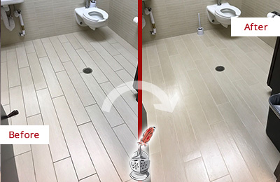 Before and After Picture of a Rockville Office Restroom's Grout Cleaned to Remove Dirt